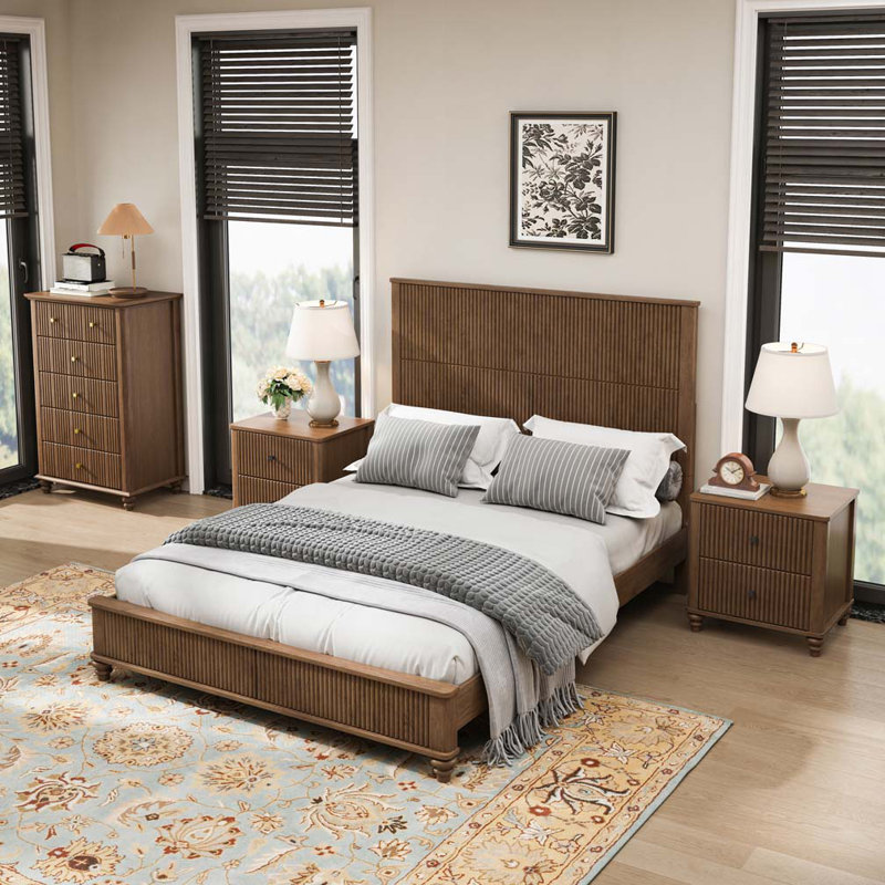 Ensemble de chambre à coucher 4 pièces, comprenant un lit et 2 tables de chevet et une commode, Beige, Grand