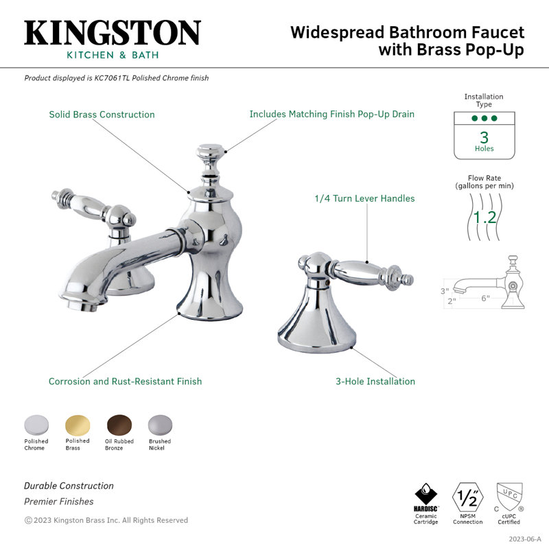 Kingston Brass Templeton Two-Handle 3-Hole Deck Mount Widespread Bathroom Faucet with Brass Pop-Up Drain, Brushed Nickel