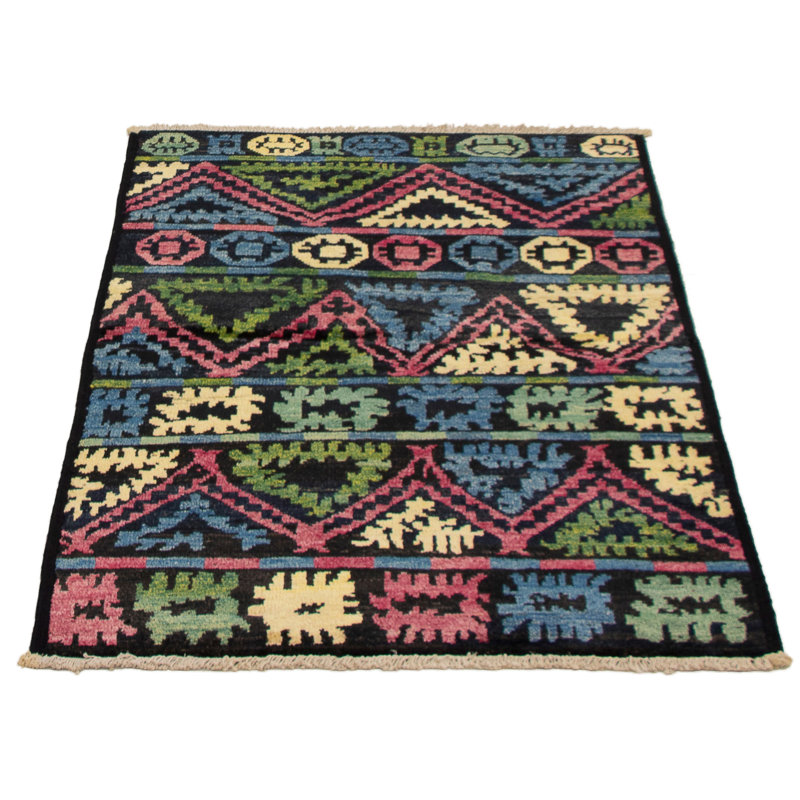 Tapis de bois one-of-kind-noué la 2010 shalimar noir/bleu/rose 4 pi 2 po x 5 pi en laine de 10 po Céline