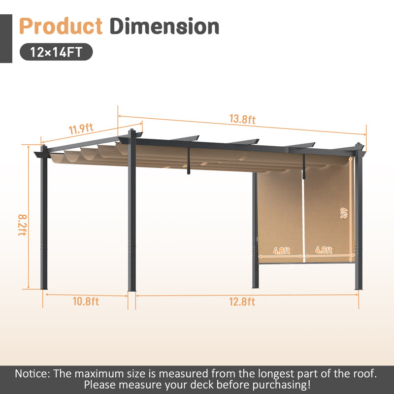 Pergola en aluminium avec auvent Aoodor, Kaki, H 8,2 pi x l 14 pi x P 12 pi