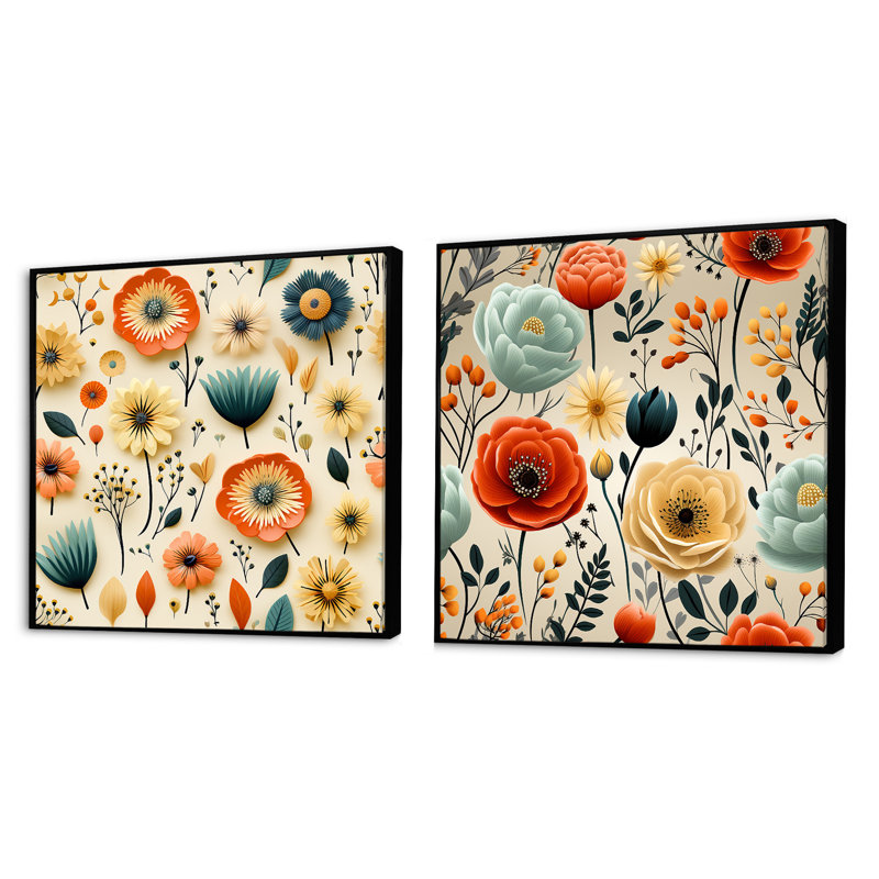 Winchelsea - Ensemble de 2 collages carrés botaniques abstraits, Cadre flottant noir, H 36 po x l 73 po