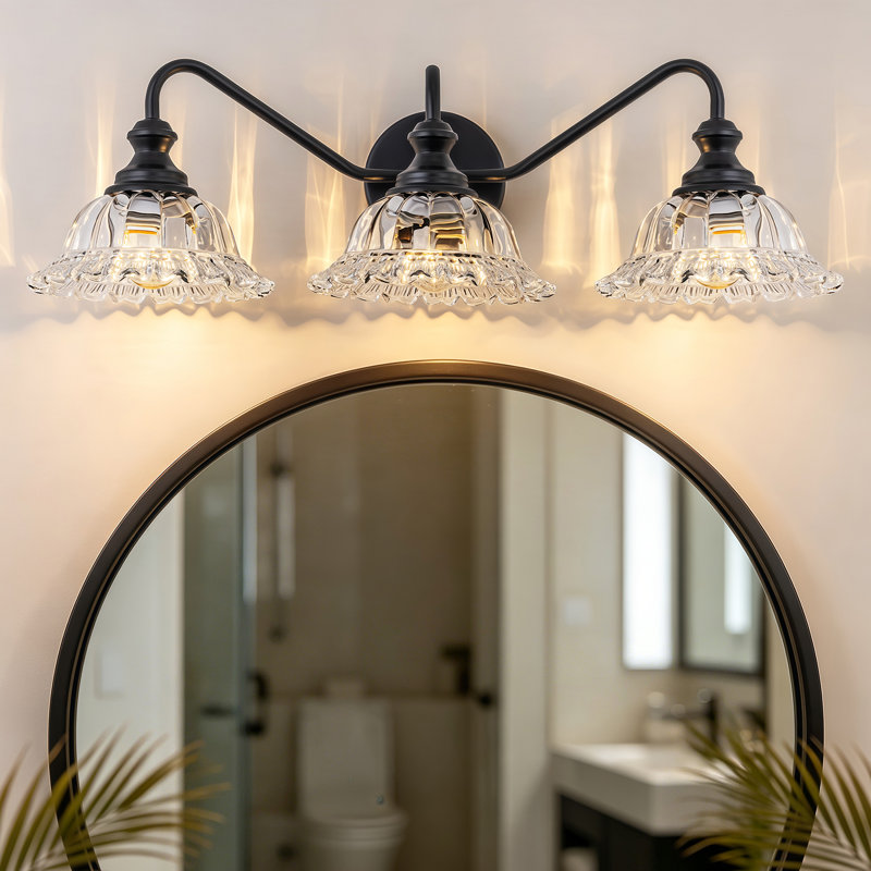 Luminaire de meuble-lavabo vintage 3 lumières avec abat-jour en verre d'inspiration pétale, Noir mat