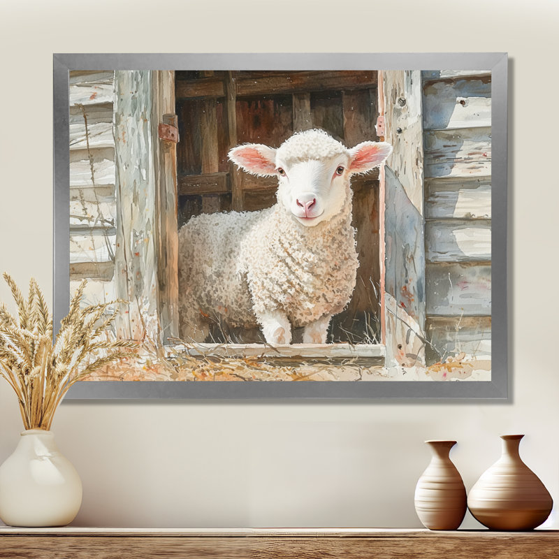 Portrait de vache et mouton à la grange II - vache, art mural, Argent argent, Cadre simple, H 12 po x l 20 po