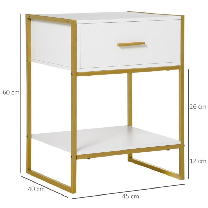 45 cm W Bedside Table, White/Gold
