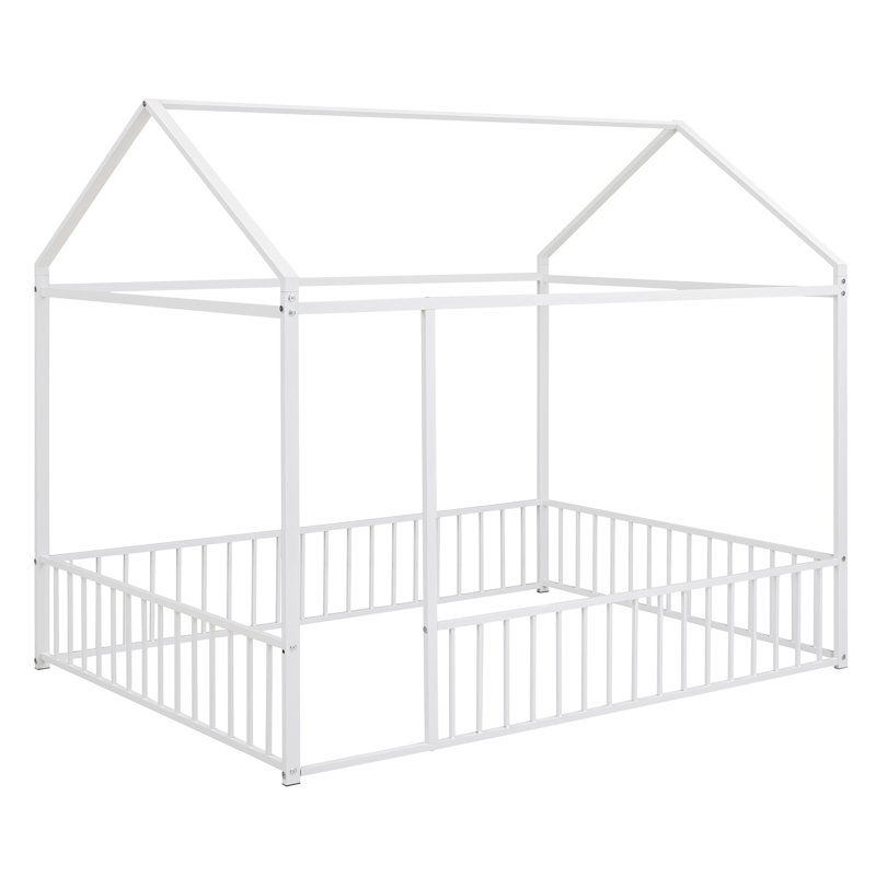 Structure de lit en métal avec clôture, pour enfants, adolescents, Lit double, Blanc
