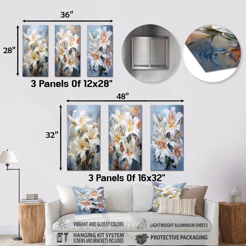 Beige And Yellow Pure Lily Beauty Whispers - Lilies Metal Wall Art Set Of 3, 28" H x 36" W