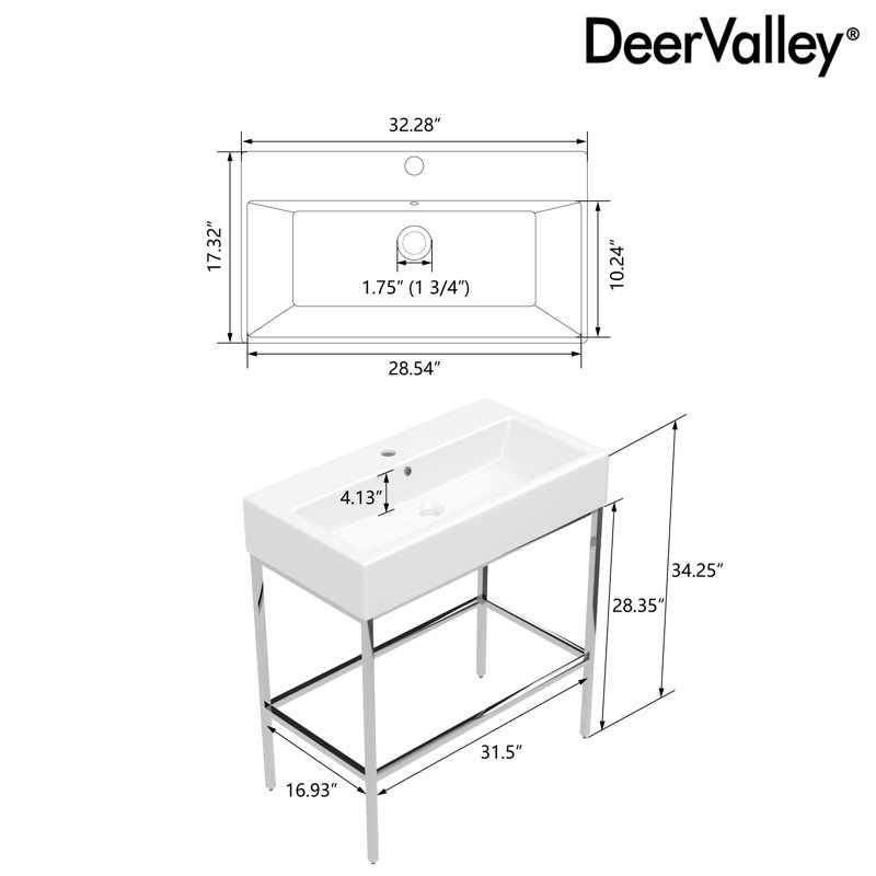 Ceramic White Rectangular Single Faucet Hole 32 in Console Bathroom Sink with Overflow, Silver