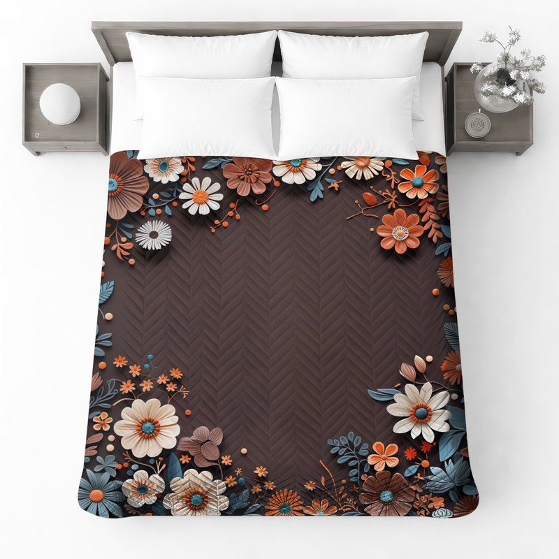 Couvre-lit matelassé à motif floral, Ensemble de courtepointe grand, Brun / orange / crème floral