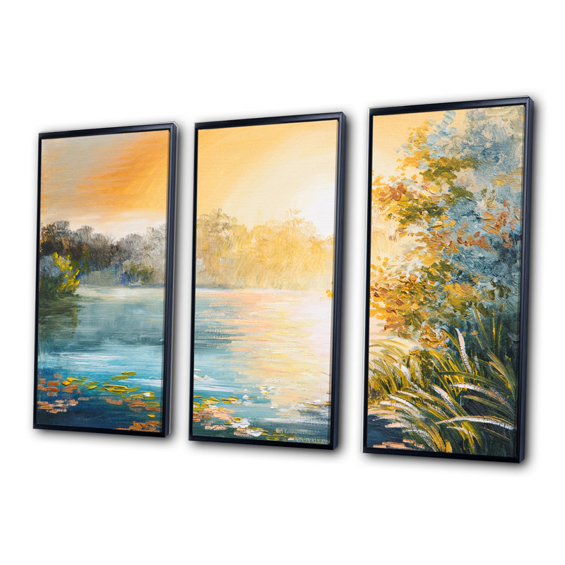 Coucher de soleil sur le lac - ensemble de 3 toiles encadrées, Noir, H 28 po x l 36 po