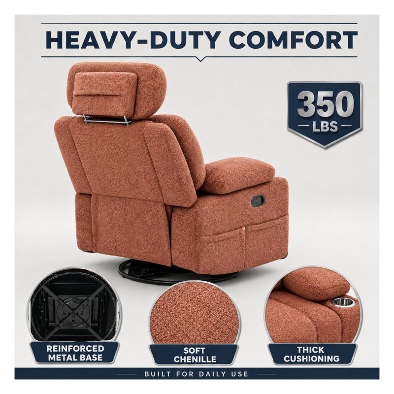 Fauteuil inclinable à bascule manuel supplémentaire avec base pivotante à 360 degrés et coussin cervical amovible en chenille orange et brun foncé