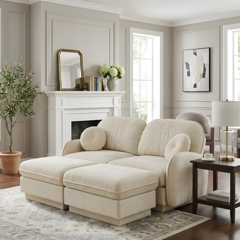 Canapé en U avec assise profonde et repose-pieds amovible, Cream Beige Chenille, H 37,4 po x l 73,2 po x P 57,8 po
