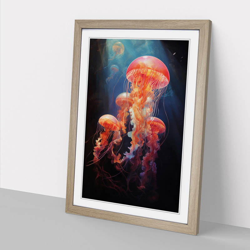 Jellyfish Classicism - Single Picture Frame Print on Wood, 64cm H x 46cm W x 2cm D, Oak Framed