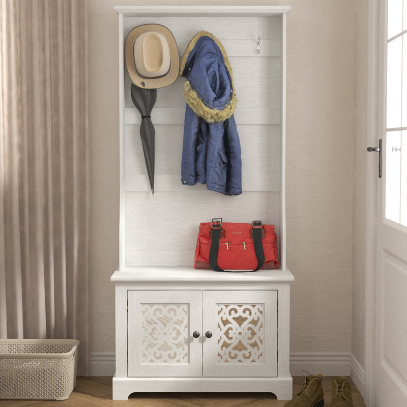 Arignote Hall Tree 31.3'' Wide with Bench and Shoe Storage, Pearl White Oak