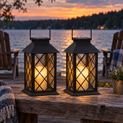 2 Pack Large Solar Lanterns, Tempered Glass Outdoor Lights with Flickering Flameless Candles