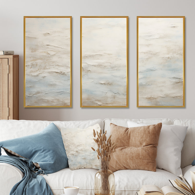 Beige bleu océan tempête III - ensemble de reproductions d'art abstrait, Cadre flottant doré, H 40 po x l 60 po x P 1 po