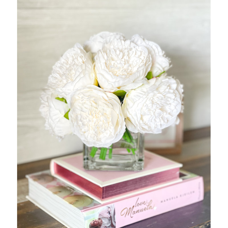 Large White Rose Peony Arrangement, Artificial Faux Centerpiece, 9" H x 9" W x 9" D