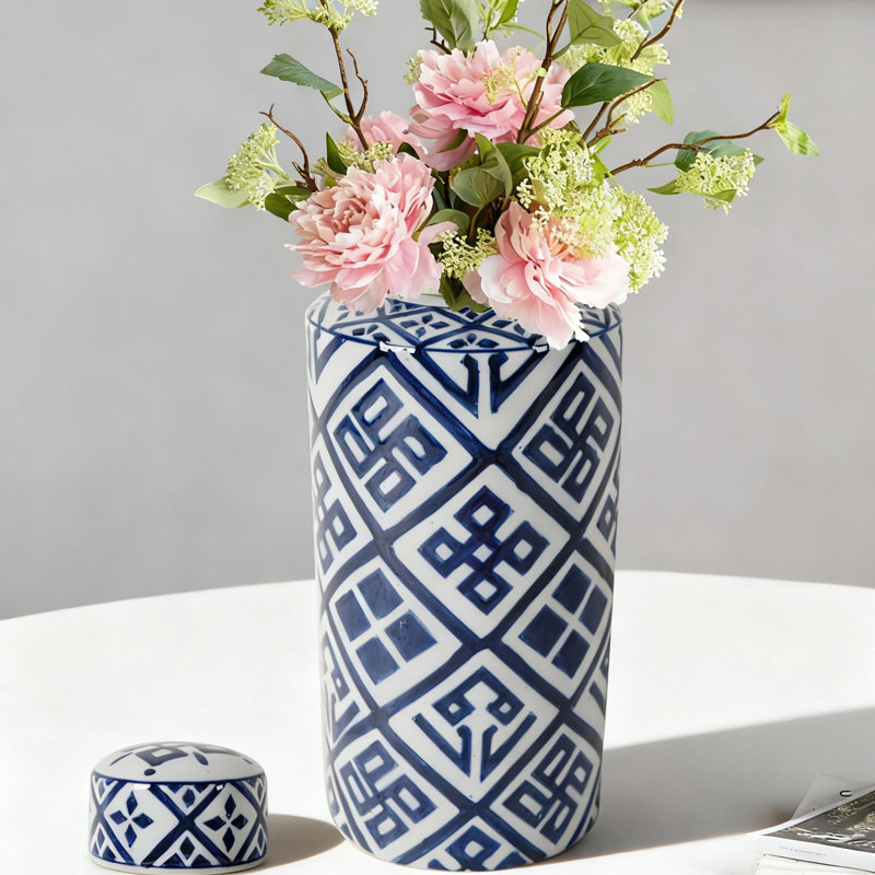 Blue and White Geometric Pattern Cylindrical Ceramic Lidded Decorative Storage Jar for Tabletop Home Display