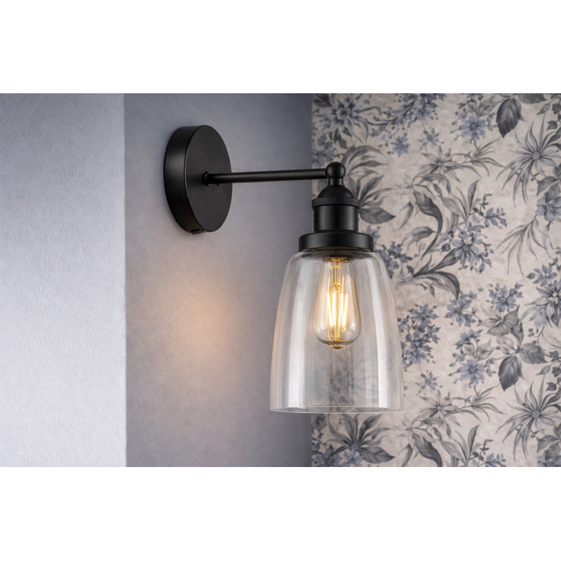 Wayland 1 - Light Dimmable Industrial Style Switched Armed Sconce Wall Light, Clear, Black