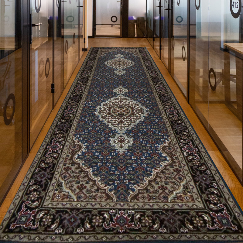 Tapis rouge / bleu marine / argent / beige noué à la main de haute qualité