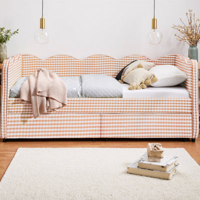Lit de jour simple en vichy confortable avec deux tiroirs de rangement et port USB, adorable canapé-lit en lin en forme de vague, pour la chambre à coucher ou la chambre d'amis, aucun sommier nécessaire