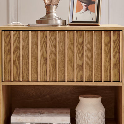 23.4" Mid Century Modern Grille Slat Nightstand With Hidden Charging Station Usb Ports & Outlet Hole, Farmhouse End Table With Open Space And Drawer Dresser, Natural