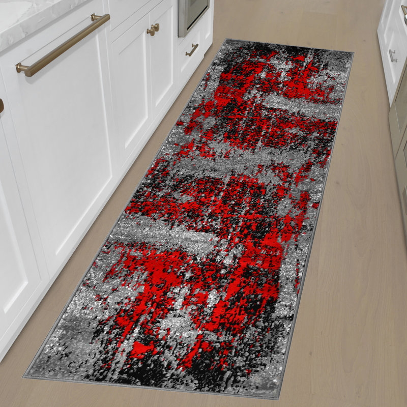 Tapis gris contemporain noir HR, Tapis de couloir de 2 pi x 7 pi
