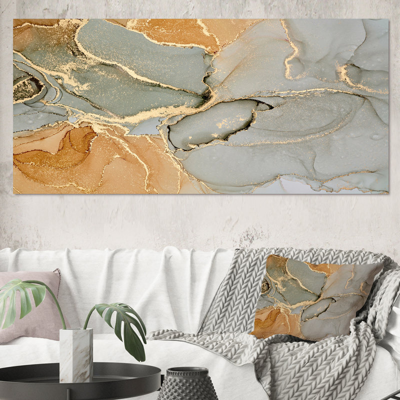 «Brown Luxury Abstract Fluid IV», peinture sur toile, H 28 po x l 60 po, Toile tendue, Sans cadre