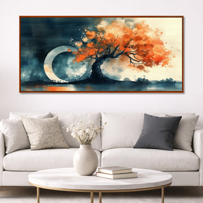 Arbre de rêves orange au clair de lune bleu - impressions encadrées de bonsaï, décoration murale sereine