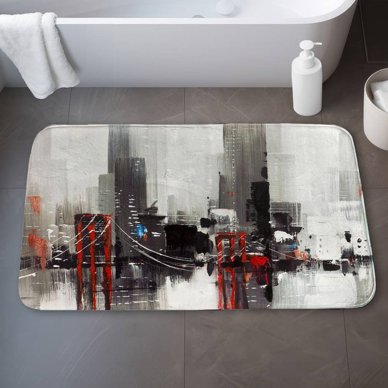 Abstract gray city with a bridge Bath Mat with Non-Slip Backing - Quick Dry Memory Foam Bathroom Rug - Absorbent - Modern Plush Spa-Style - Machine Washable