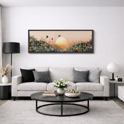 Romantiques coucher de soleil, prairie de fleurs sauvages avec oiseaux volants, paysage panoramique, très grandes photos, impression sur toile encadrée
