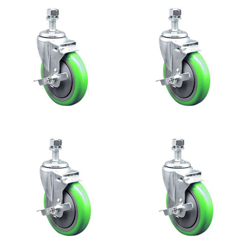 Ensemble de roulettes à tige filetée en polyuréthane de 5 pouces et demi-tige filetée de 0,5 pouce, Vert