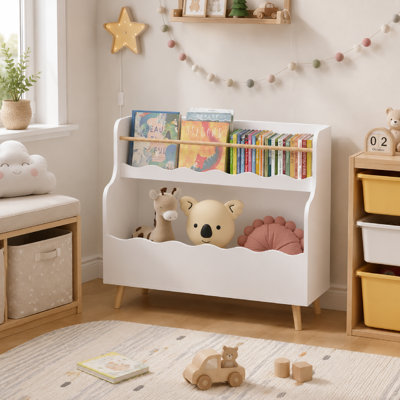 Bibliothèque pour enfants White Wave Edge, organisateur de rangement pour jouets pour tout-petits à 2 niveaux avec rail anti-chute et pieds en bois, bibliothèque pour enfants, livres d'images pour animaux en peluche, armoire de rangement pour chambre d'enfant