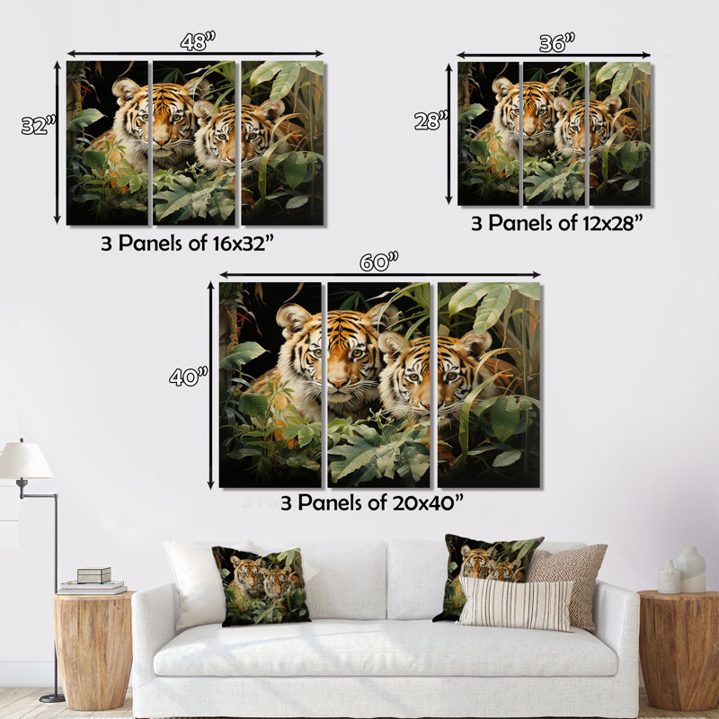 «Asian Art Tigers In Jungle III», reproduction sur toile 3 pièces, H 28 po x l 36 po x P 1 po