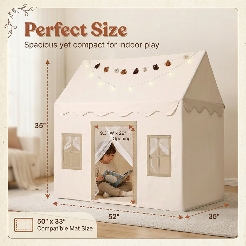 Kids Play Tent with Mat and Star Lights, Indoor/Outdoor Playhouse with Windows, 52" x 35" x 52" for Ages 3+, Beige