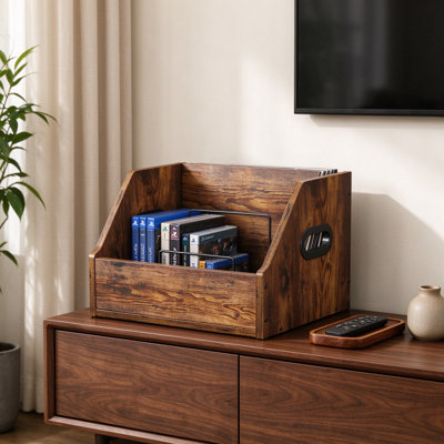 Caisse de rangement pour disques en bois et vinyle avec séparateurs en métal, organisateur pour disques et magazines, boîte de rangement en bois rustique