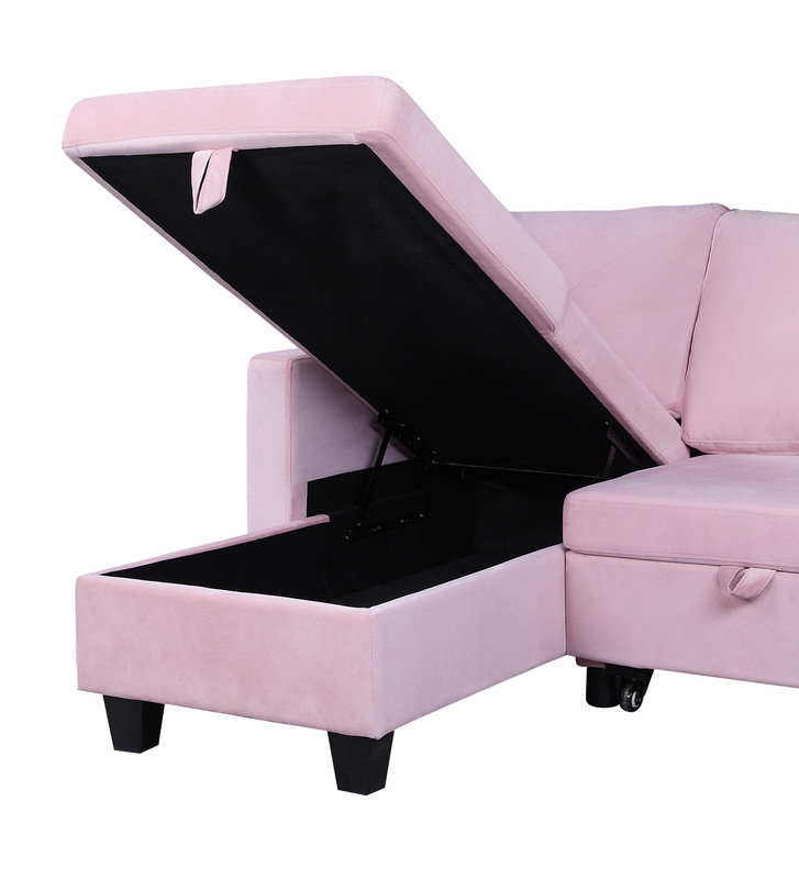 Modern Sofa Nova 82.5" Velvet Reversible Sleeper Sectional Sofa With Storage Chaise, Pink