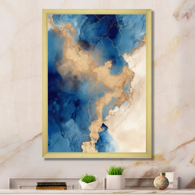 "Blue and Gold Marble Clouds VII", reproduction d'art sur toile, H 40 po x l 30 po x P 1,5 po, Cadre doré à une seule photo