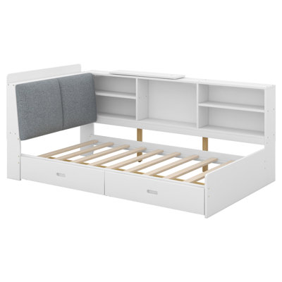 Daybed with Upholstered Storage Headboard, Bookcase and 2 Drawers, Wood Platform Bed with Storage Shelves and Rotatable Storage Board by Red Barrel Studio