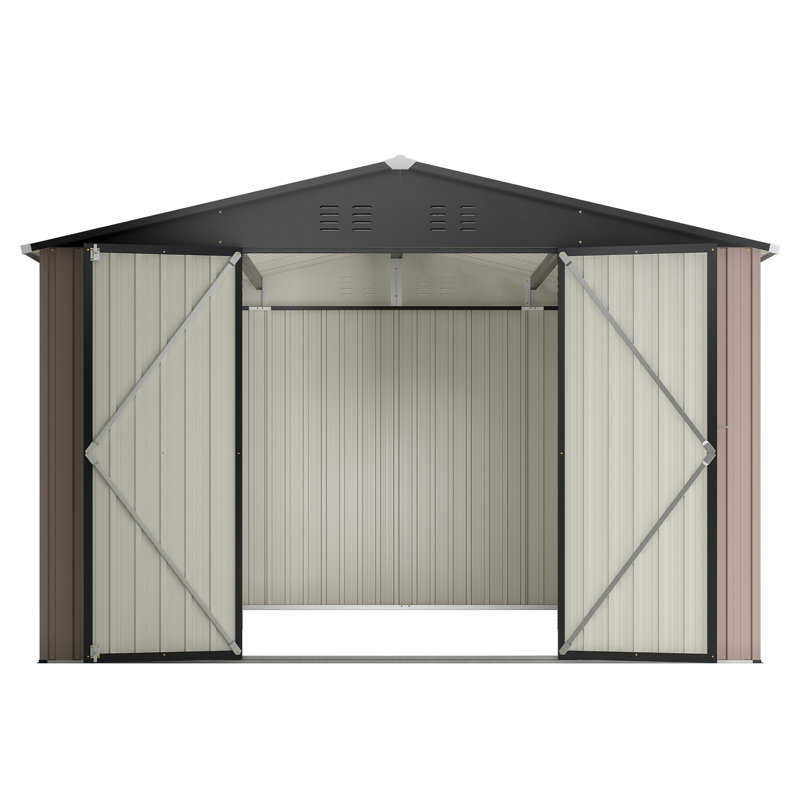Metal Storage Shed 10' X 10', Brown, Lockable, Ventilated For Garden Tools & Equipment Outdoor Shed, Patio, Brown