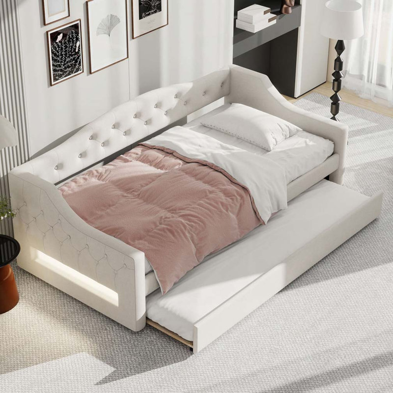 Upholstered Daybed with LED Belt and Trundle, Beige