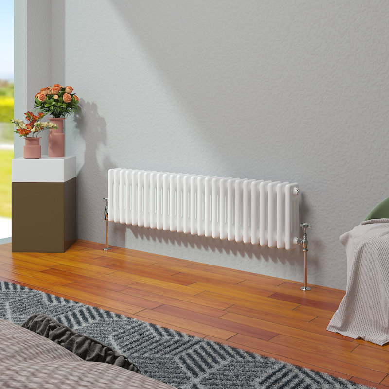Vallie Horizontal Traditional Column Cast Iron Style Designer Radiator, White, 30cm H x 119cm W