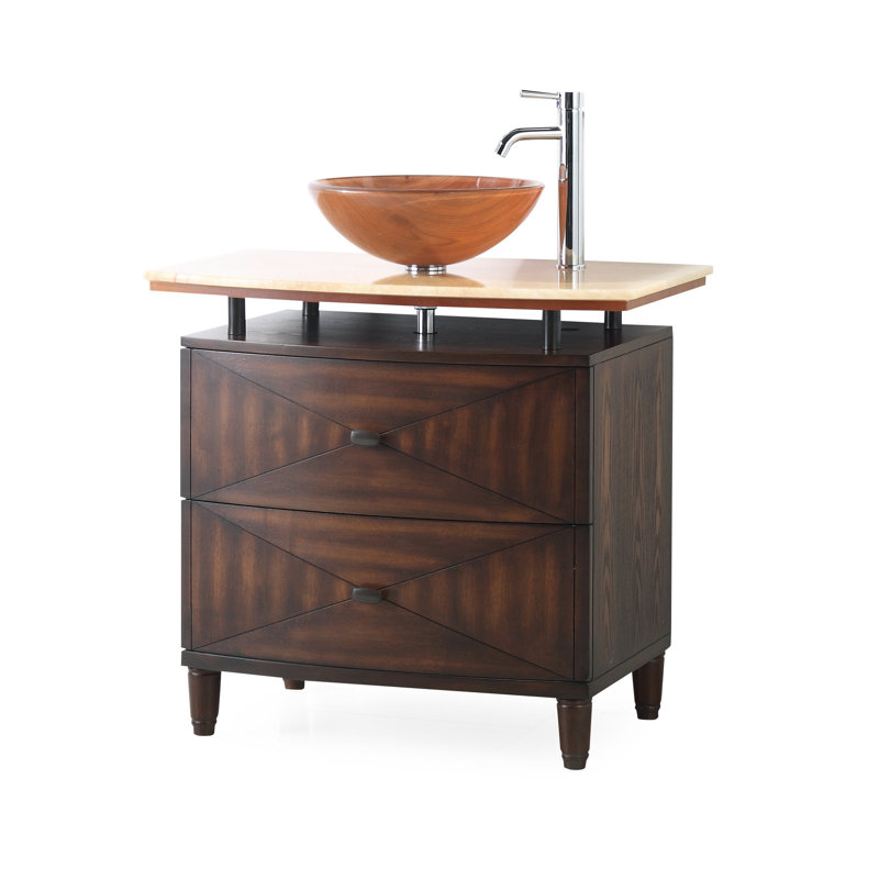 Valentina 36'' Medium Brown Birch Wood Vessel Sink Vanity with Marble Top