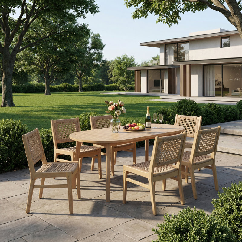 Ensemble repas d'extérieur en bois d'acacia 6 personnes avec osier tissé à la main Solvire, Light Brown Wicker/Light Teak