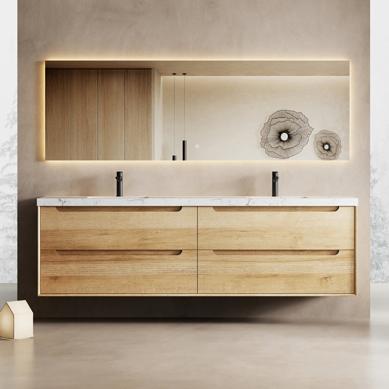 84" Double Wall Mounted Bathroom Vanity In Natural Oak With Engineered Stone Top, 84"
