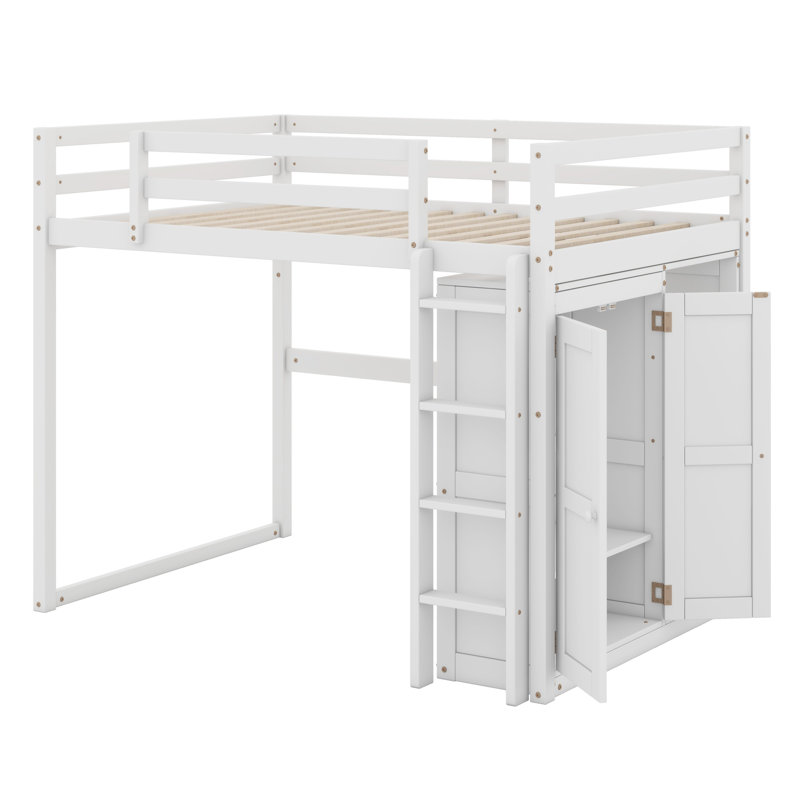 Lit mezzanine en bois avec garde-robe intégré et tablettes de rangement, lumière DEL, Blanc
