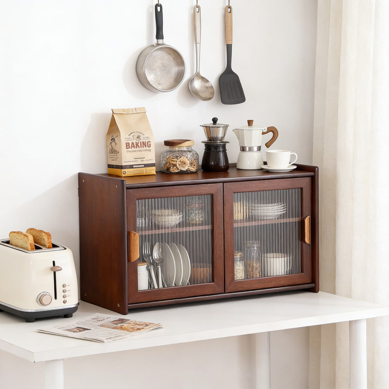 Armoire murale en bambou avec portes en verre - Buffet de rangement pour garde-manger moderne pour le salon ou la salle à manger