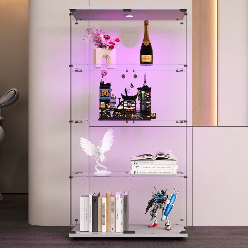 Two-Door Glass Display Cabinet With 4 Shelves & Led Lights - For Living Room, Bedroom, Cabin 64.7"*31.7"*14.3", White Tempered Black Frame And In Strong