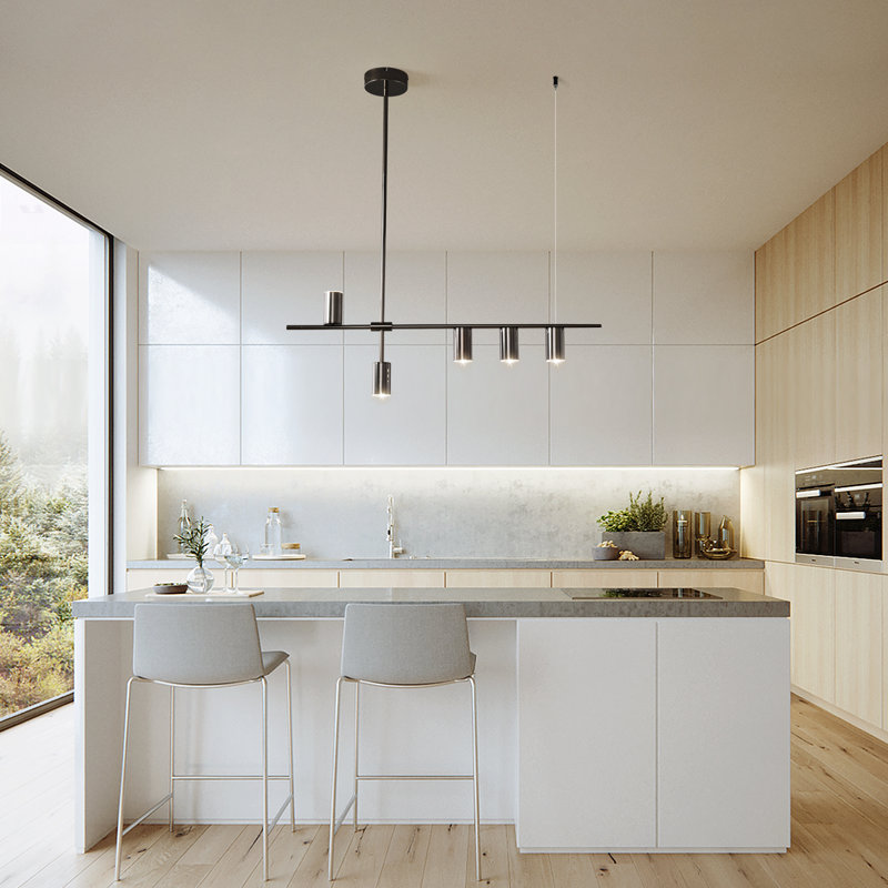 5-Light 100cm LED Kitchen Island Pendant Light,Dimmable Modern Chandelier for Dining Living Room, Electroplated Pearl Black