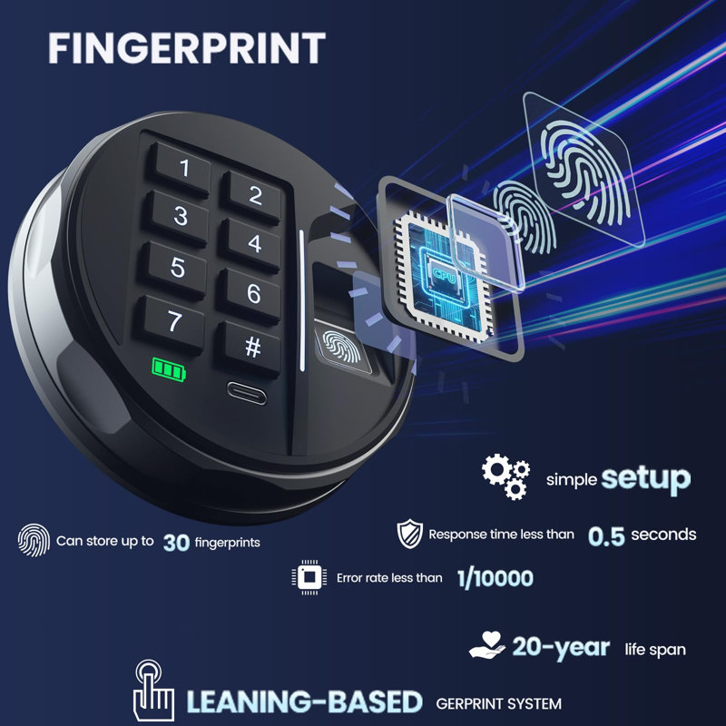 Compact Black Biometric Safe with LED Light and Backlit Keypad