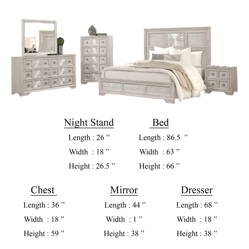 Diaz 5Pc Queen Size Bedroom Set With Chest In Sunburst Light Grey